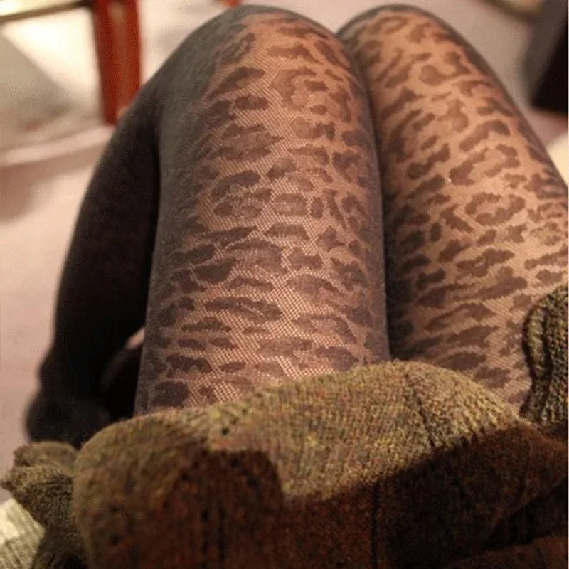 Vintage Women’s Sheer Silky Pantyhose, Gothic Black Leopard Print Transparent Tights, Seamless Sexy Animal Pattern Stockings