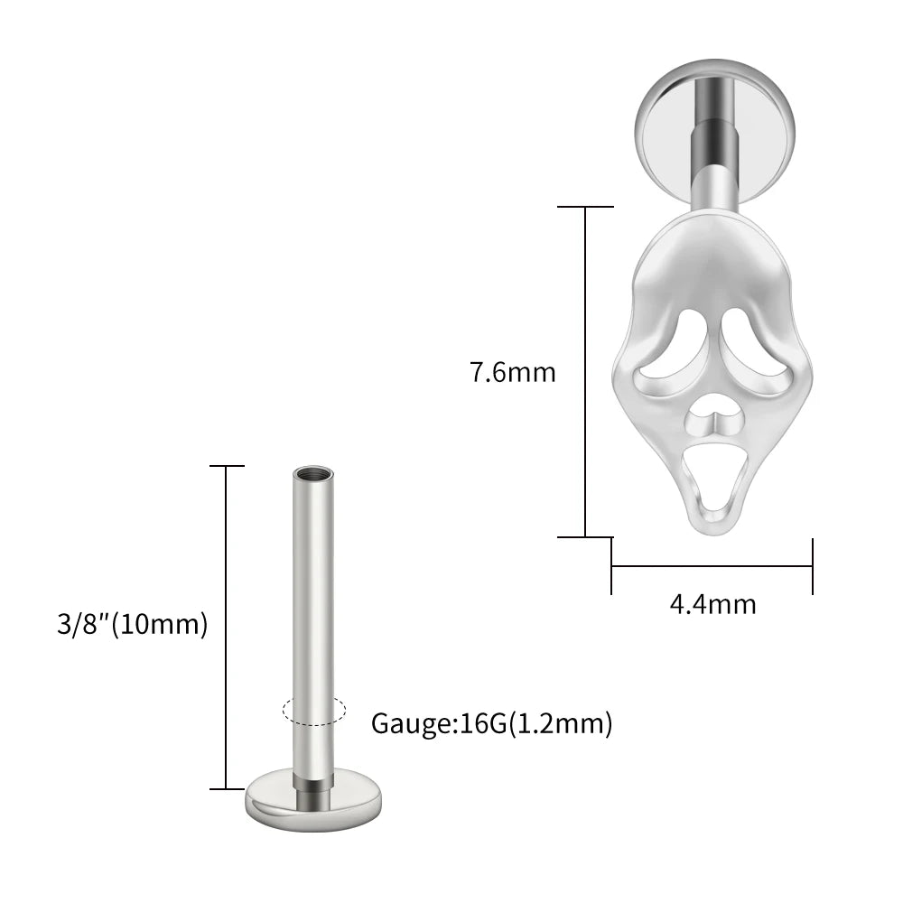 Right Grand ASTM F136 Titanium 16G Ghost Face Flat Back Earring – Halloween CZ Cartilage Stud for Helix, Labret & Nose Piercing Jewelry