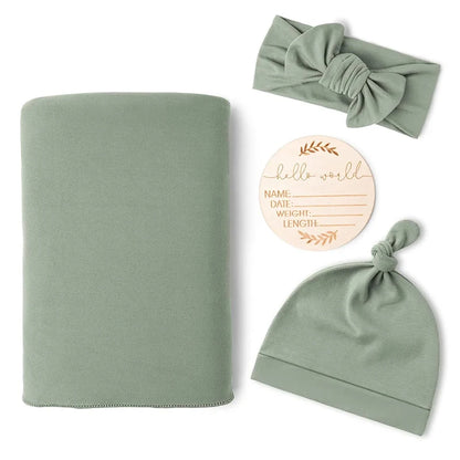 Newborn Baby Swaddle Blanket Set - Receiving Blanket with Matching Headband & Beanie (4-Piece Set)