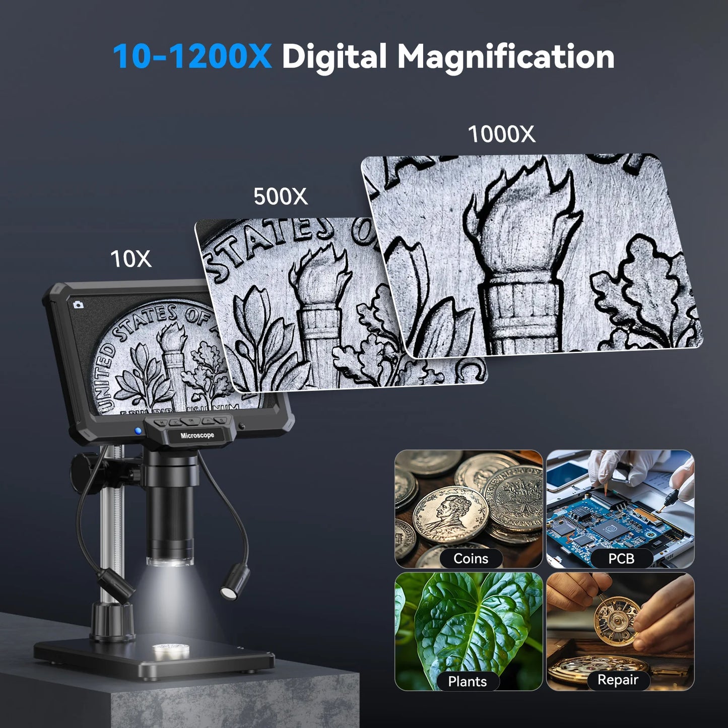 7 Inch Digital Microscope 1200X – 16MP HD Inspection Camera for PCB Repair, Coin Collecting & Soldering with LED Lights & PC View Support