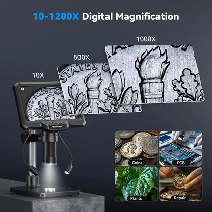 7 Inch Digital Microscope 1200X – 16MP HD Inspection Camera for PCB Repair, Coin Collecting & Soldering with LED Lights & PC View Support
