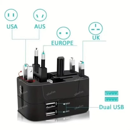 All-in-One Foldable Universal Travel Adapter – EU, UK, US, AU Power Charger with Dual USB 2.1A Ports and Outlet Converter Socket