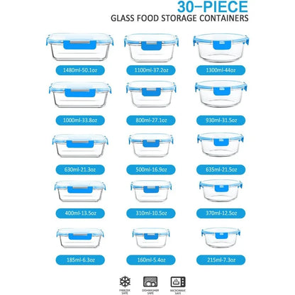 30-Piece Glass Food Storage Container Set — Airtight Meal Prep Containers with Upgraded Snap-Lock Lids, Oven Safe