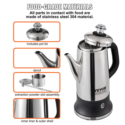 SucceBuy 12-Cup Electric Coffee Percolator – 304 Stainless Steel with Keep Warm Function