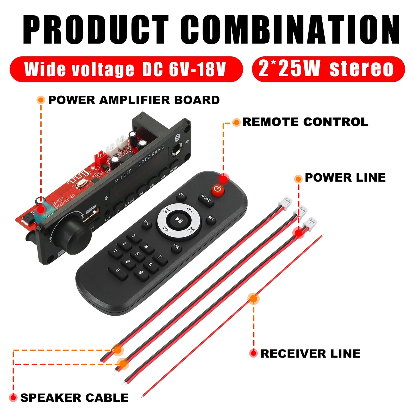 200W Bluetooth Amplifier Board - DIY MP3 WAV Decoder with USB, TF Card, FM Radio & Microphone, DC 12V