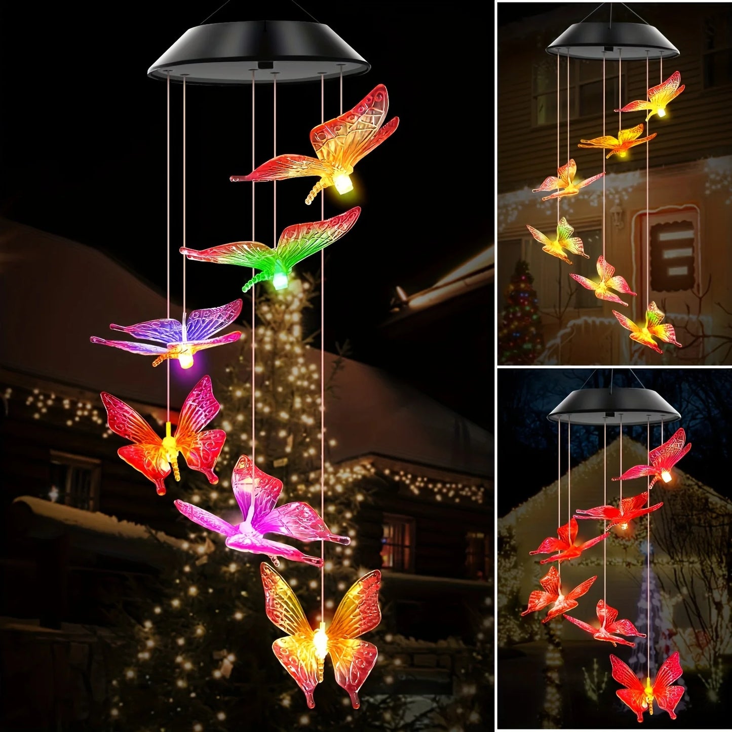 LED Color-Changing Butterfly, Dragonfly & Hummingbird Solar Wind Chime – Waterproof Outdoor Decoration & Birthday Gift