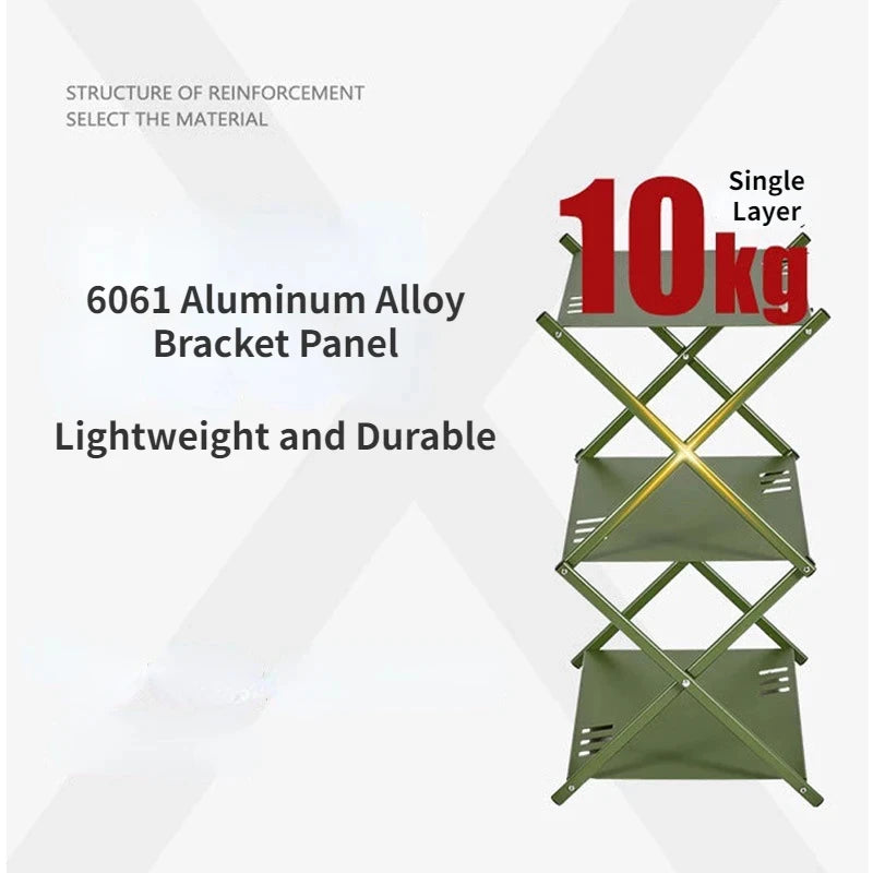 MOUNTAINHIKER Three-Tier Folding Rack – Portable Outdoor Storage Shelf for Camping, Picnic, BBQ & Garden Use