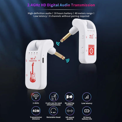 2.4G Wireless Guitar System – Transmitter & Receiver Set for Electric Guitar & Bass, 48K/16bit Real-Time Transmission