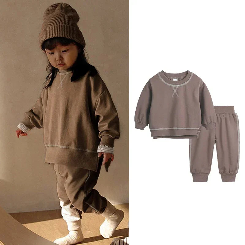 2PCS Kids Clothes Set for 1-7Y - Solid Cotton Pullover Sweatshirt & Pants, Long Sleeve Autumn Outfits for Boys & Girls
