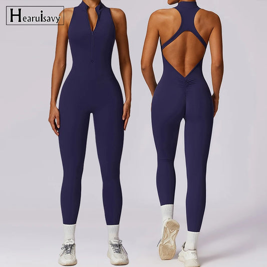 Women’s V-Back One-Piece Sports Jumpsuit — Sleeveless Yoga Romper with Zipper Workout Bodysuit