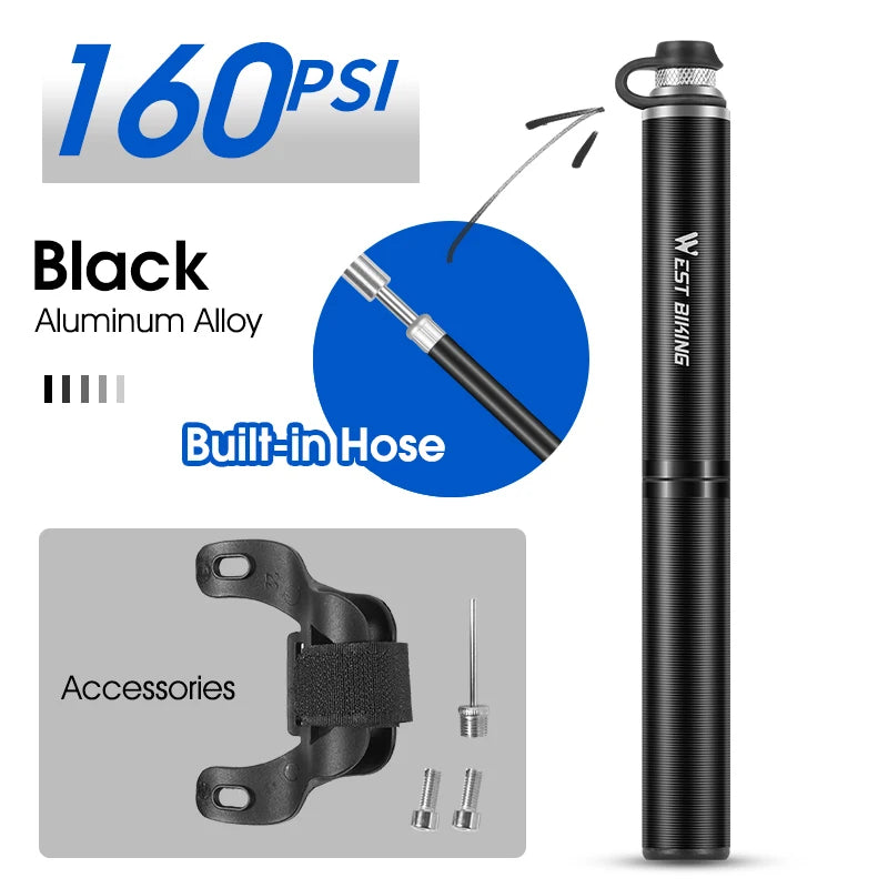 WEST BIKING Mini Bicycle Pump - Portable Aluminum Alloy Tire Inflator for MTB Road Bike Schrader Presta Valve