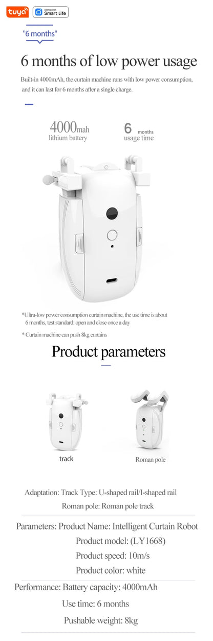 Tuya Smart Curtain Robot Motor — Roman Rod Track, App & Remote Remote Control, Single/Double, Works with Tuya Gateway