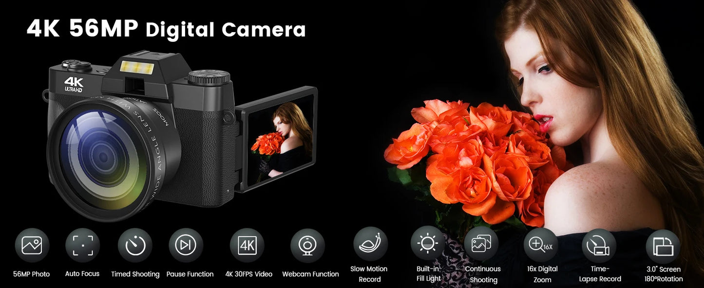Compact 4K Digital Camera – 64MP WiFi Webcam, Retro Vlog Recorder with 3-Inch Flip Screen & Wide Angle Lens for YouTube