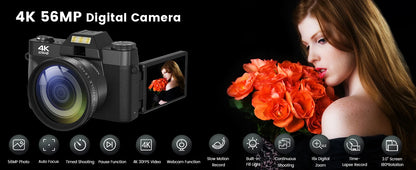 Compact 4K Digital Camera – 64MP WiFi Webcam, Retro Vlog Recorder with 3-Inch Flip Screen & Wide Angle Lens for YouTube