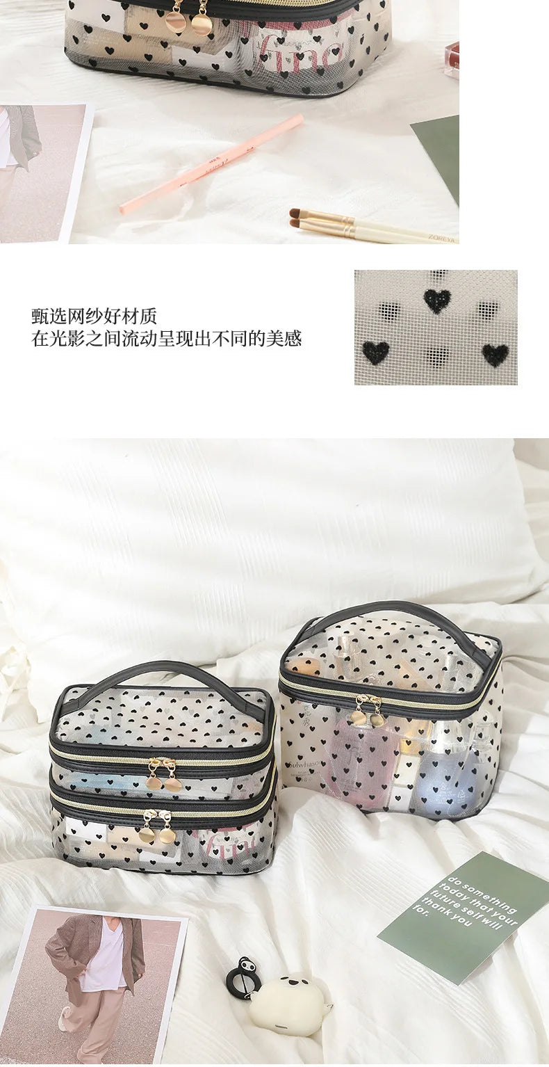 Double-Layer Black Mesh Cosmetic Bag – Large Capacity Travel Makeup Case Organizer with Zipper Toiletry Pouch