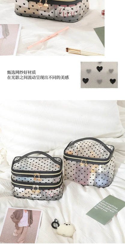 Double-Layer Black Mesh Cosmetic Bag – Large Capacity Travel Makeup Case Organizer with Zipper Toiletry Pouch