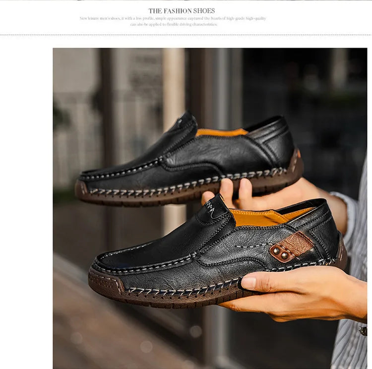 Handmade Leather Men’s Loafers – Casual Slip-On Flats, Comfortable Outdoor Walking Shoes