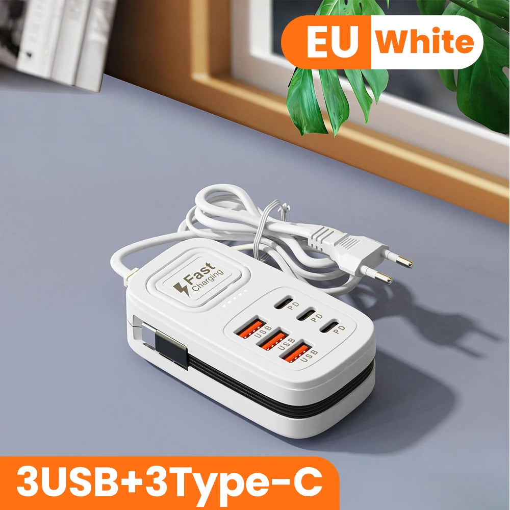 6-Port USB-C Charging Station – Fast-Charging Desktop Power Strip with 3 USB-C Ports, 3 USB-A Ports, and EU/UK/US Plug Options