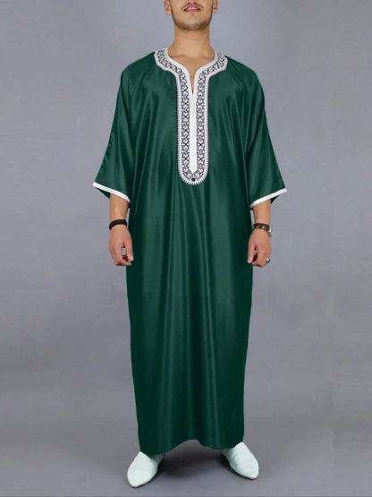 Moroccan Green Men’s Arab Robe - Traditional Embroidered Islamic Casual Clothing for Elegant Style
