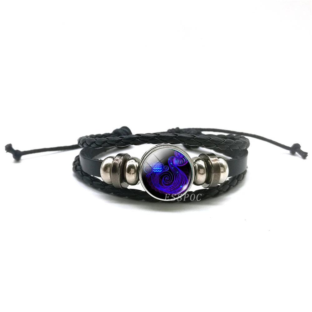 Men’s Zodiac Sign Leather Bracelet | 12 Constellation Black Braided Wrap | Punk Style Multilayer Bracelet for Birthday Gifts