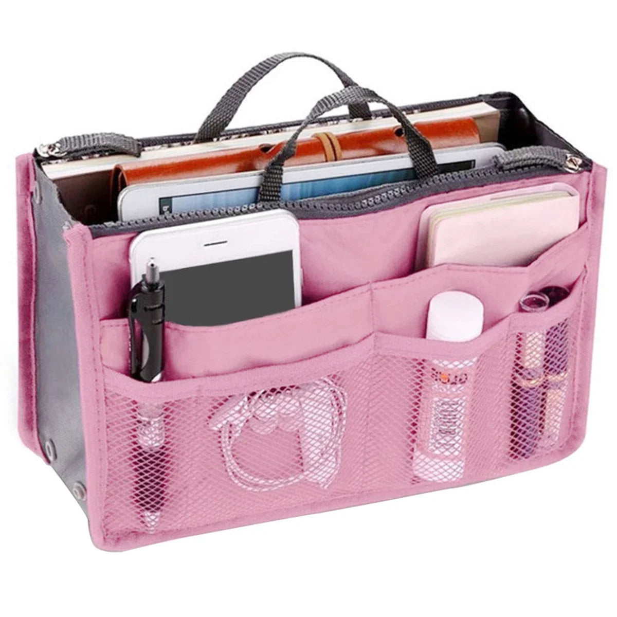 Women’s Nylon Cosmetic Organizer Bag – Foldable Large Capacity Travel Makeup Insert Handbag Tote Organizer Liner Bag