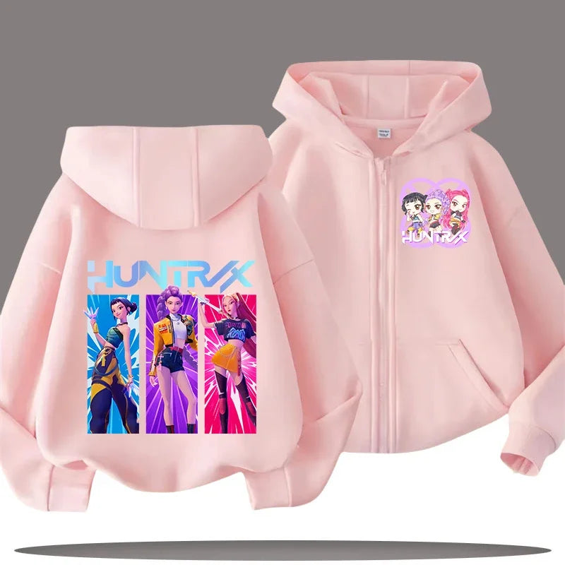 Funny Kpop Demon Hunters Zip-Up Sweatshirt – Kids Hoodie for Girls & Boys, Casual Zipper Hoody Top
