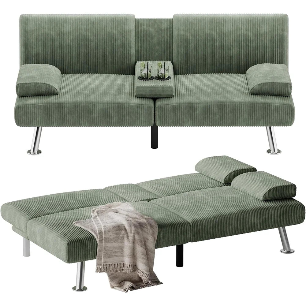 Modern Corduroy Futon Sofa Bed with Cup Holders & Removable Armrests – Folding Recliner Lounge, Green