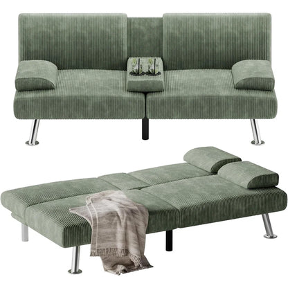 Modern Corduroy Futon Sofa Bed with Cup Holders & Removable Armrests – Folding Recliner Lounge, Green