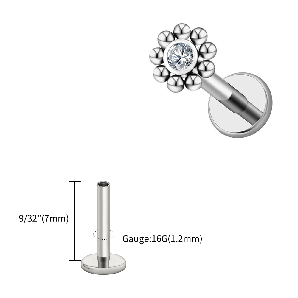 Right Grand ASTM F136 Titanium 16G Mini Beaded Sun Labret Stud CZ Flower – Tragus, Helix, Conch & Nose Piercing Body Jewelry