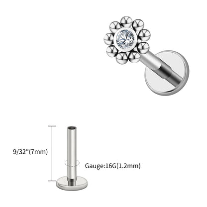 Right Grand ASTM F136 Titanium 16G Mini Beaded Sun Labret Stud CZ Flower – Tragus, Helix, Conch & Nose Piercing Body Jewelry
