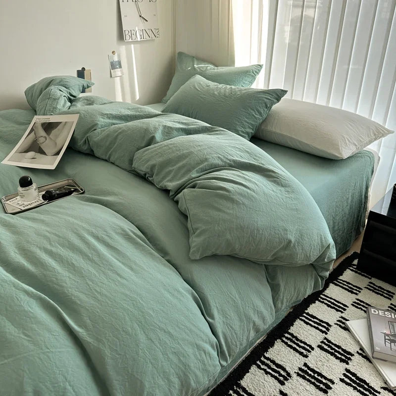 Solid Cotton Bed Linen Set – Bedding with Sheet, Duvet Cover & Pillowcases, Single to King/Queen/Twin Size