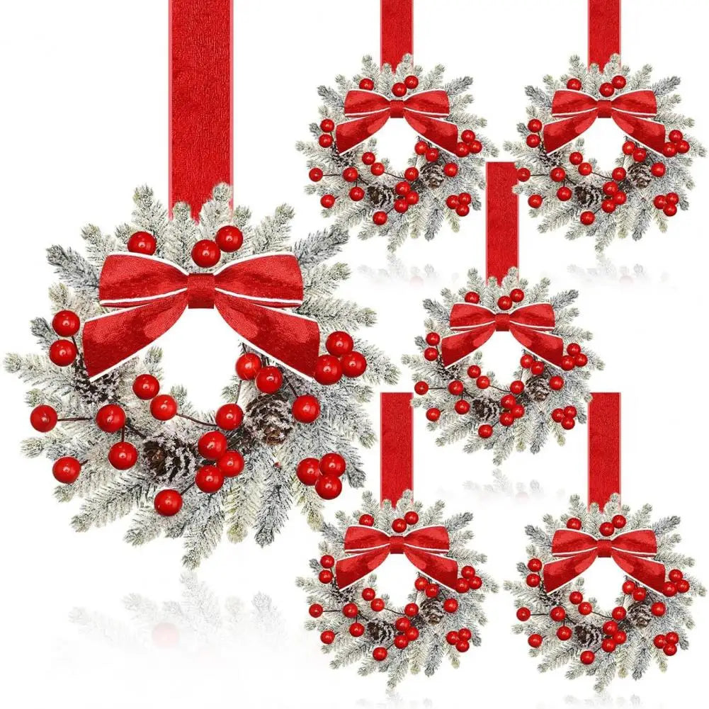 Set of 6 Mini Christmas Cabinet Wreaths with Ribbon Bows – Artificial Farmhouse Holiday Party Decorations