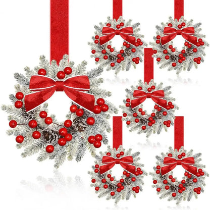 Set of 6 Mini Christmas Cabinet Wreaths with Ribbon Bows – Artificial Farmhouse Holiday Party Decorations