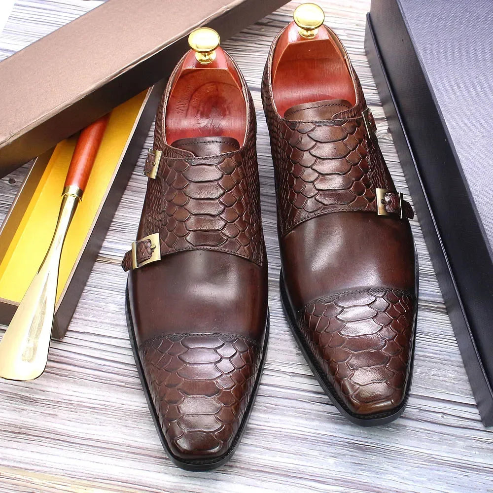 Men’s Genuine Leather Monk Strap Shoes - Double Buckle Snake Print Cap Toe Italian Style Dress Shoes