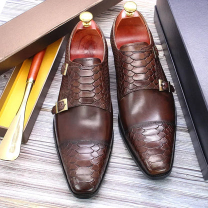 Men’s Genuine Leather Monk Strap Shoes - Double Buckle Snake Print Cap Toe Italian Style Dress Shoes