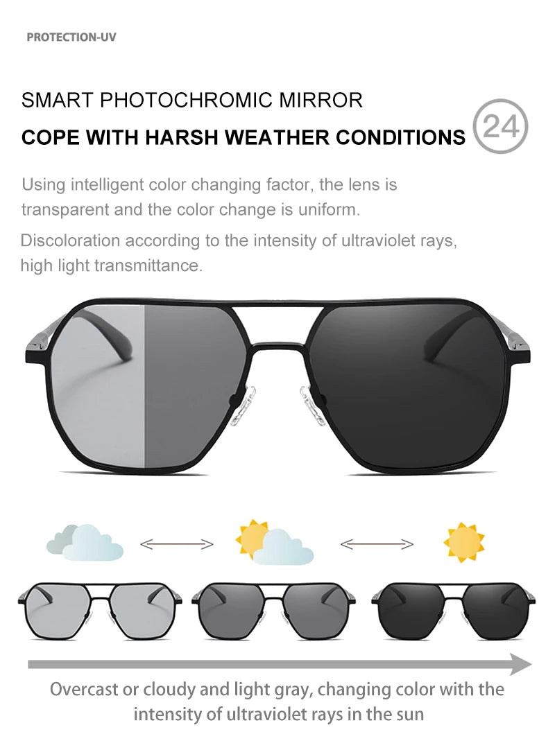 Luxury Metal Photochromic Sunglasses – Fashion Polarized UV400 Chameleon Anti-Glare Driving Glasses for Men & Women