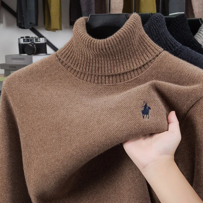 Men's Velvet High Neck Sweater - Luxury Pony Embroidery Thick Warm Winter Knitted Pullover