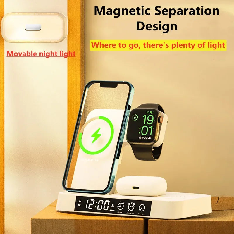 30W 3 in 1 Wireless Charger Stand with Alarm Clock and Night Light - Fast Charging Pad for iPhone, Samsung Galaxy, and iWatch