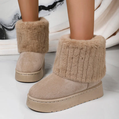 Women’s Winter Mid-Calf Boots – Round Toe Plush Lined, Thick Sole, Anti-Slip Casual Snow Boots in Beige