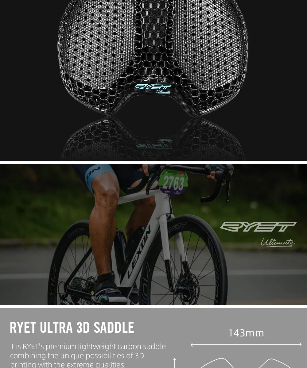 RYET Carbon 3D Printed Bike Saddle – Ultralight 175g Seat for Men & Women Road, MTB, Gravel, Triathlon Cycling