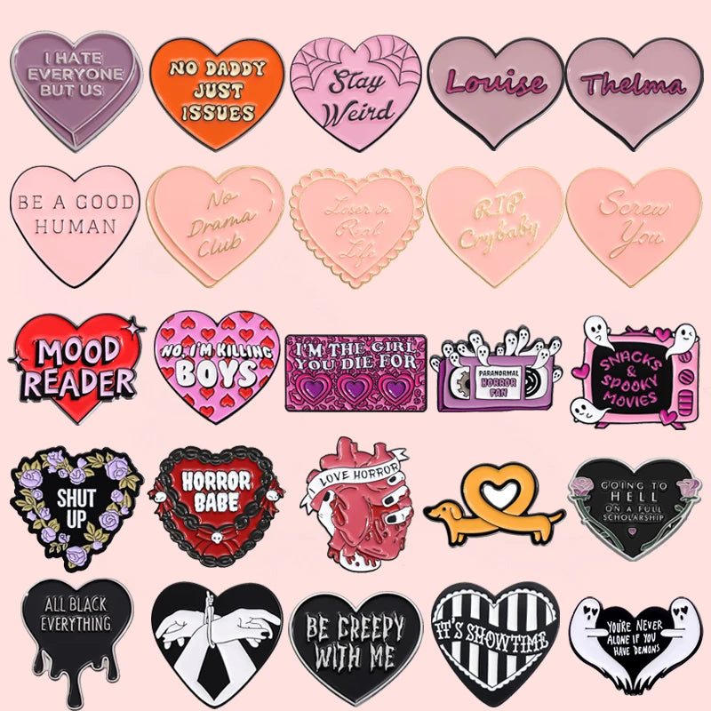 Pink Heart Brain Ghost Enamel Brooch – Gothic Retro Radio & TV Badge, Funny Punk Lapel Pin Jewelry Gift