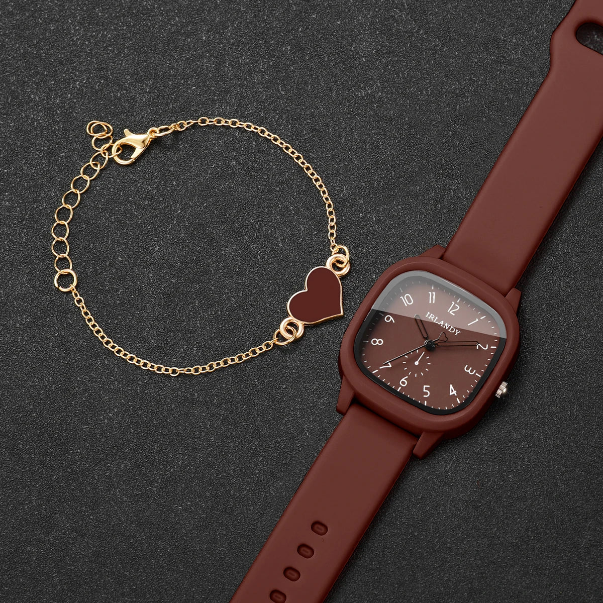 2PCS Women’s Quartz Watch & Heart Bracelet Set - Arabic Dial Square Silicone Strap Wristwatch