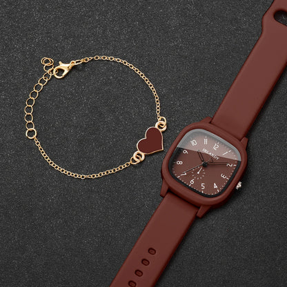 2PCS Women’s Quartz Watch & Heart Bracelet Set - Arabic Dial Square Silicone Strap Wristwatch