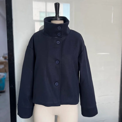 Women’s Short Woolen Coat - Stand Collar Loose Zipper Jacket for Spring Autumn Fashion Outerwear