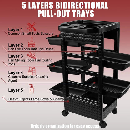 5-Tier Black Salon Rolling Cart – Mobile Hairdressing & Makeup Storage Trolley with Wheels for Nail and Cosmetology Supplies