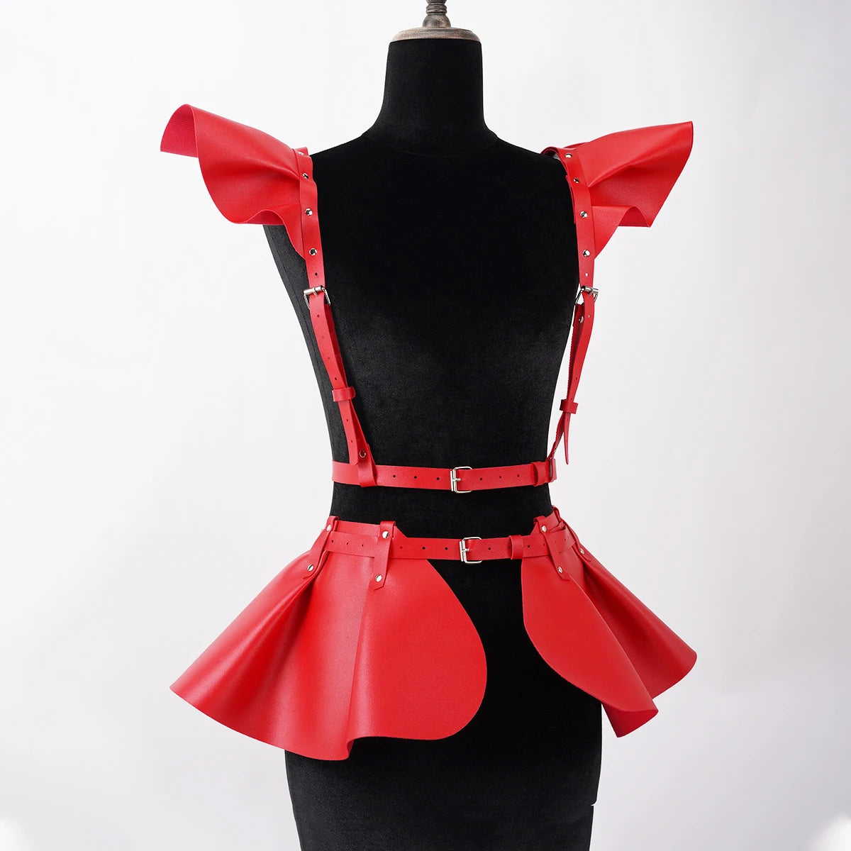 Women’s Gothic Leather Harness Skirt Belt with Ruffle Hem, Fashion Waist & Shoulder Body Harness Clothing Accessory