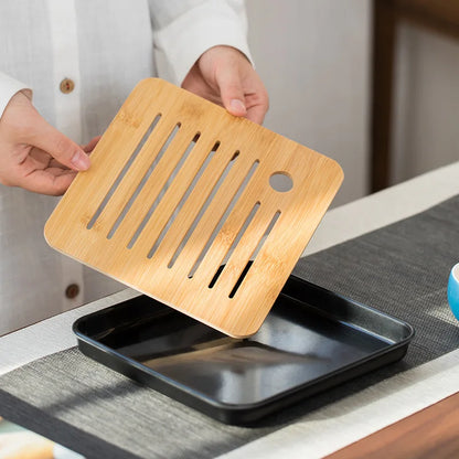 Bamboo Chinese Gongfu Tea Tray – Wood & Marble Serving Tray with Water Storage and Drainage Box