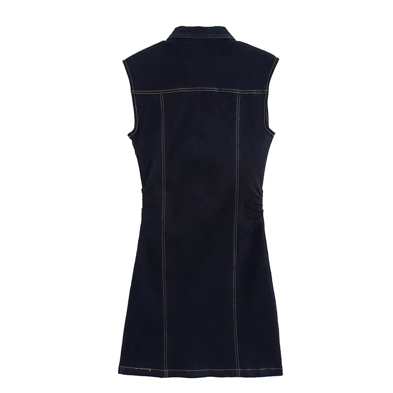 Elegant Pleated Denim Dress for Women – 2025 Chic Slim Fit Lapel Vestido with Short Sleeves & Single-Breasted Design