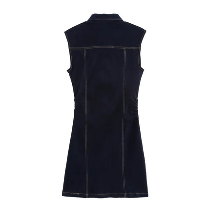 Elegant Pleated Denim Dress for Women – 2025 Chic Slim Fit Lapel Vestido with Short Sleeves & Single-Breasted Design