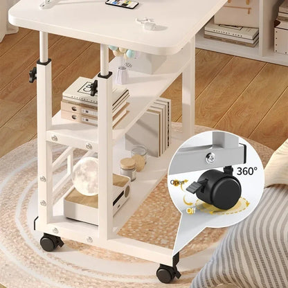 Adjustable Height Portable Study Desk with Storage Shelf – Mobile Bedside Table for Work & Dining, Includes USB Fan & Light